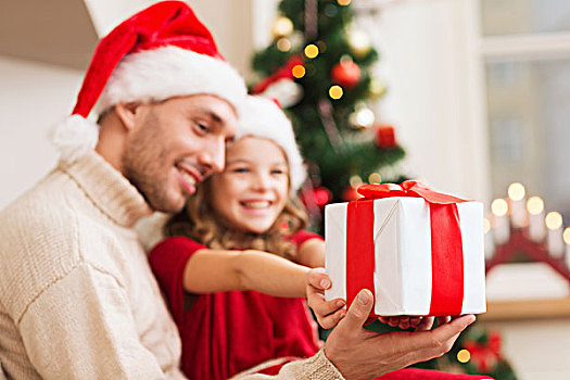 休假,圣诞节,家庭,高兴,概念,特写,父亲,女儿,礼盒