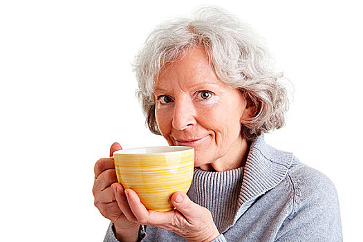 微笑,老年,女人,喝,大,咖啡杯