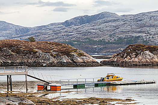 乡村,挪威,沿岸,小,汽艇,站立,停泊,靠近,漂浮,码头
