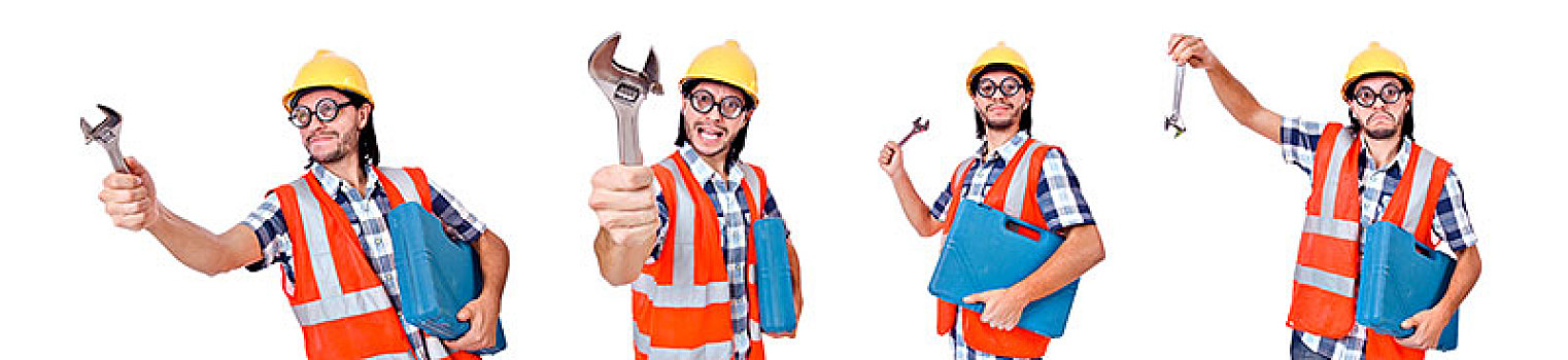 有趣,年轻,建筑工人,工具箱,扳手,隔绝,工头,白色背景