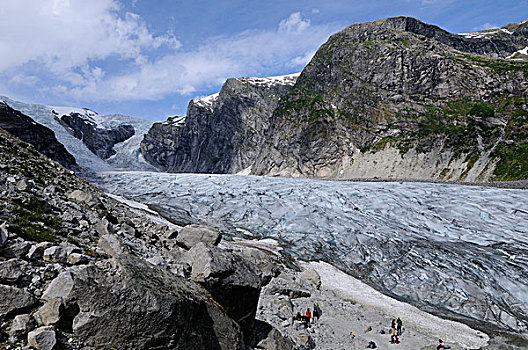 冰河,舌头,两个,冰,河流,一起,高原,悬崖,山峦,北方,湖,松奥菲尔当纳,挪威,斯堪的纳维亚,欧洲