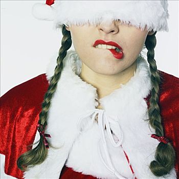 肖像,女人,装扮,圣诞老人,咬,嘴唇,帽子,隐藏,眼睛