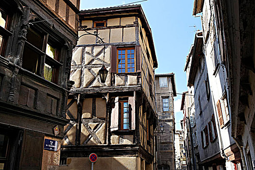 传统,半木结构房屋,15世纪,街道,历史,中心,圆顶,法国,奥弗涅,欧洲