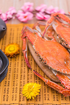 中国,竹简,紫砂壶,背景,蒸熟,梭子蟹