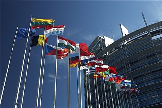 旗杆,旗帜,欧盟,国家,吹,欧洲议会,斯特拉斯堡,法国