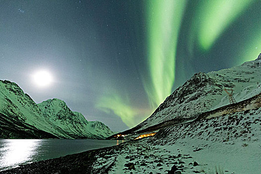 北极光,彩色,夜空,光亮,月亮,阿尔卑斯山,特罗姆斯,挪威,拉普兰,欧洲