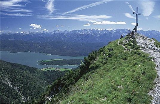 远足者,瓦尔幸湖,湖,阿尔卑斯山,德国,巴伐利亚,欧洲