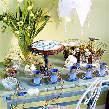 杯子,蛋糕,花瓶,郁金香,蛋,复活节餐桌