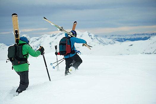 风景,两个,男性,滑雪,山,后视图,隆河阿尔卑斯山省,法国