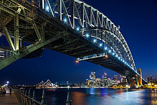 澳大利亚,悉尼港大桥,天际线,晚间
