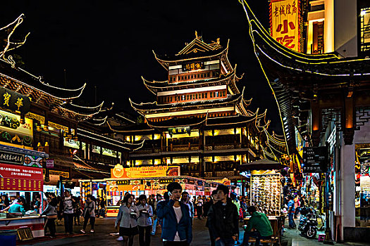历史,中心,传统建筑,夜晚,照明,上海,中国,亚洲