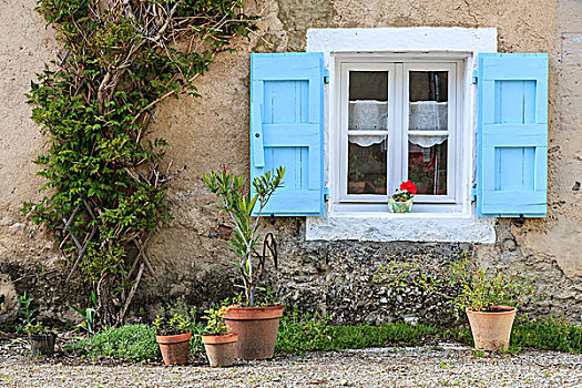 窗户,鲜明,蓝色,百叶窗,盆栽,伊泽尔省,隆河阿尔卑斯山省,法国,欧洲