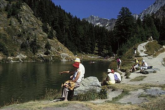 山,游客,人,休息,湖,沃利斯,瑞士,欧洲