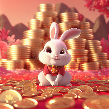 可愛的兔子坐在一堆金幣上
