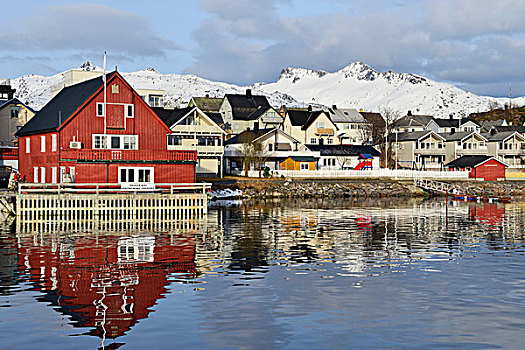 红房,水岸,几个,房子,乡村,雪山,背影,罗弗敦群岛,诺尔兰郡,挪威,欧洲