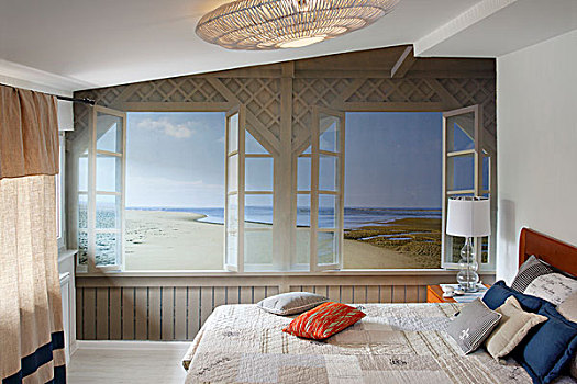 海滩,壁画,墙壁,卧室,双人床
