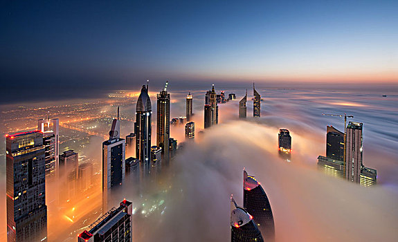 风景,光亮,摩天大楼,高处,云,迪拜,阿联酋,黄昏