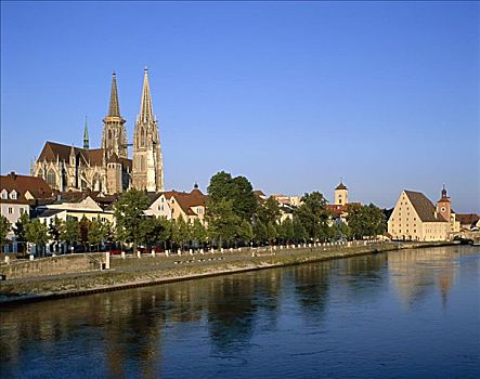 大教堂,多瑙河,老城,天际线,雷根斯堡,下巴伐利亚,巴伐利亚,德国
