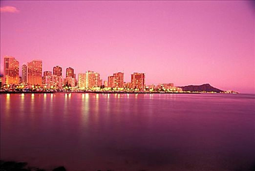 夏威夷,瓦胡岛,钻石海岬,怀基基海滩,黎明,粉色,远景