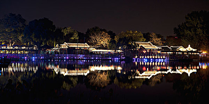夜晚,反射,湖,北京,中国