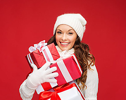 圣诞节,圣诞,冬天,高兴,概念,微笑,女人,毛衣,帽子,许多,礼盒
