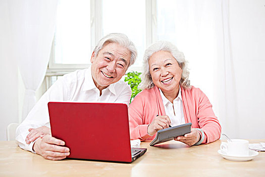 一对老年夫妇使用笔记本电脑和计算器