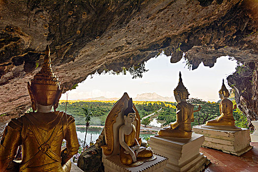 洞穴,佛像,雕塑,图像,石灰石,风景,山,克伦邦,缅甸