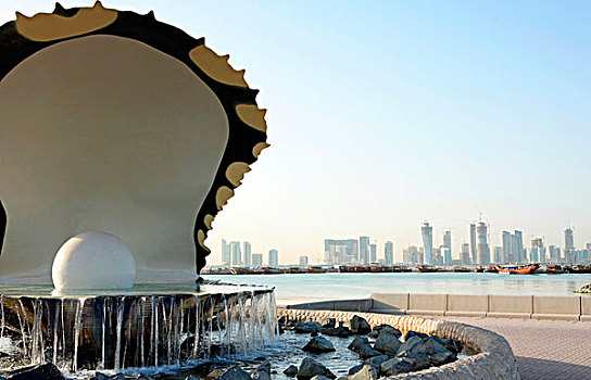 牡蛎,珍珠,喷泉,多哈,卡塔尔,天际线,新,高层建筑,地区,风景,背景,四月,2008年