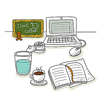 插画,笔记本电脑,茶,水杯
