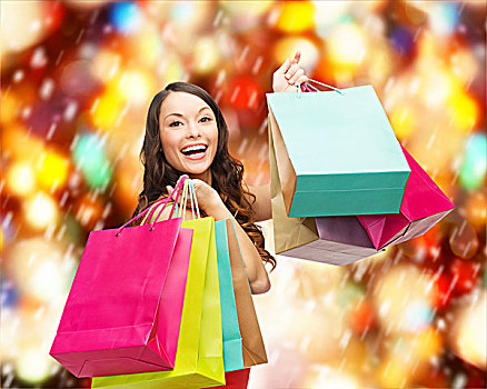 购物,销售,礼物,圣诞节,圣诞,概念,微笑,女人,红裙,彩色,购物袋