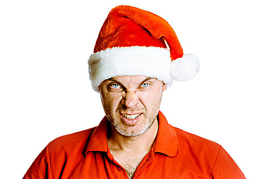 未刮脸,愤怒,男人,红色,衬衫,圣诞帽,工作室,隔绝