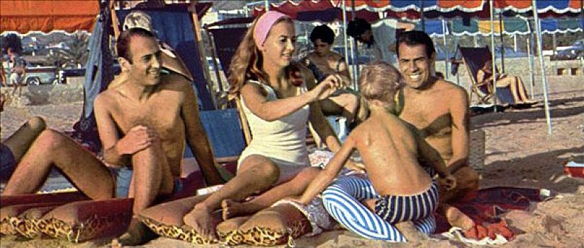 家庭,日光浴,海滩,60年代