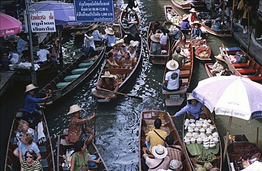 旅游胜地,漂浮,市场,丹能沙朵水上市场,西南方,曼谷,泰国,亚洲