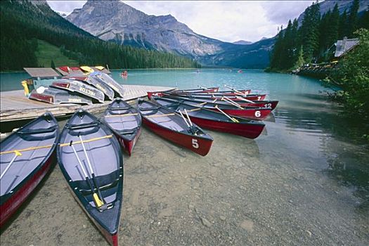 红色,独木舟,码头,翡翠湖,不列颠哥伦比亚省,加拿大
