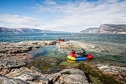 两个人,包装,卡车,峡湾,石头,后面,山,格陵兰,北美