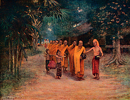 缅甸,僧侣,请求,乡村,早晨,艺术家