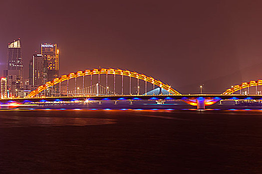 光亮,龙,桥,上方,河,夜晚,中心,越南,亚洲