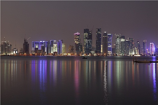 多哈,城市天际线,夜晚,卡塔尔,中东