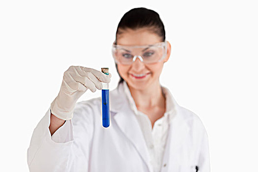 微笑,女性,科学家,看,蓝色,试管