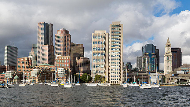 风景,天际线,波士顿,摩天大楼,正面,帆船,水道,马萨诸塞,美国,北美