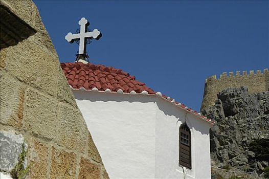 教堂,十字架,卫城,背景,林都斯,罗德岛,希腊