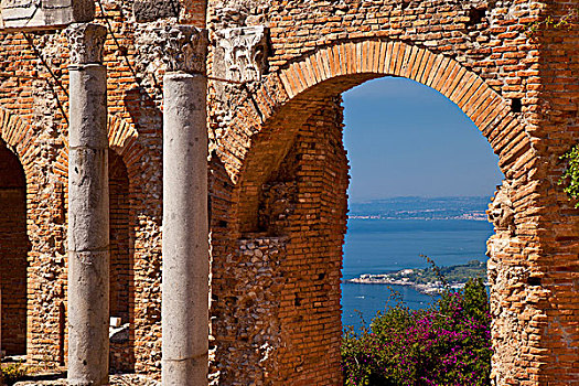 遗址,希腊,剧院,俯视,西西里,海岸线,地中海,陶尔米纳,意大利
