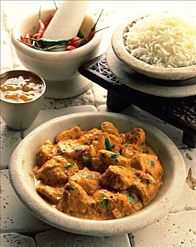 鸡肉咖哩,米饭,辣椒,荚,研钵,印度酸辣酱