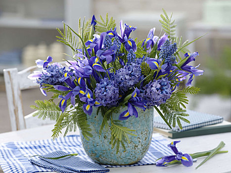 蓝色,春之花束,鸢尾,风信子