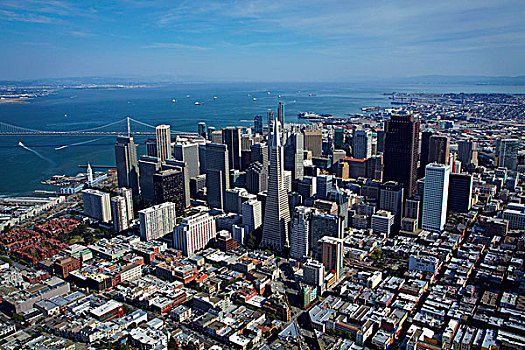 美国,加利福尼亚,旧金山,哥伦布,道路,泛美金字塔,摩天大楼,市区,旧金山湾,俯视