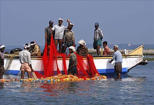 捕鱼者,捕鱼,船,喀拉拉,印度,南亚