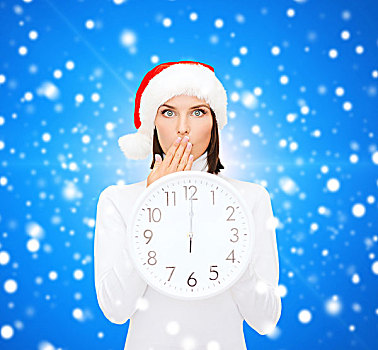 圣诞节,时间,冬天,人,概念,微笑,女人,圣诞老人,帽子,钟表,展示,上方,蓝色,雪,背景