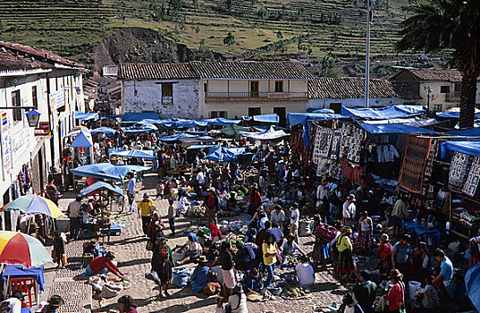 秘鲁,靠近,库斯科市,圣谷,市场,俯视