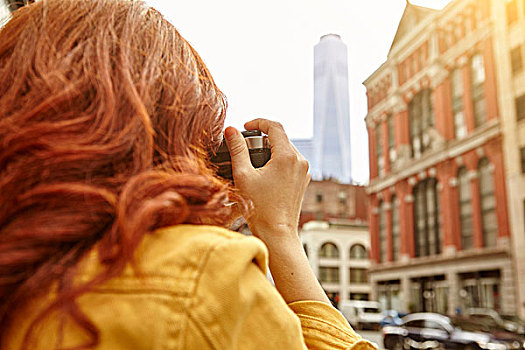 美女,游客,长,红发,摄影,一个,世界贸易中心,曼哈顿,纽约,美国