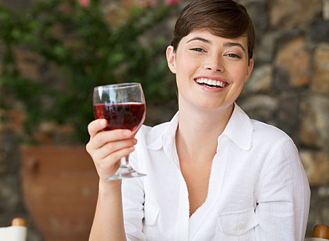 女人,享受,葡萄酒杯